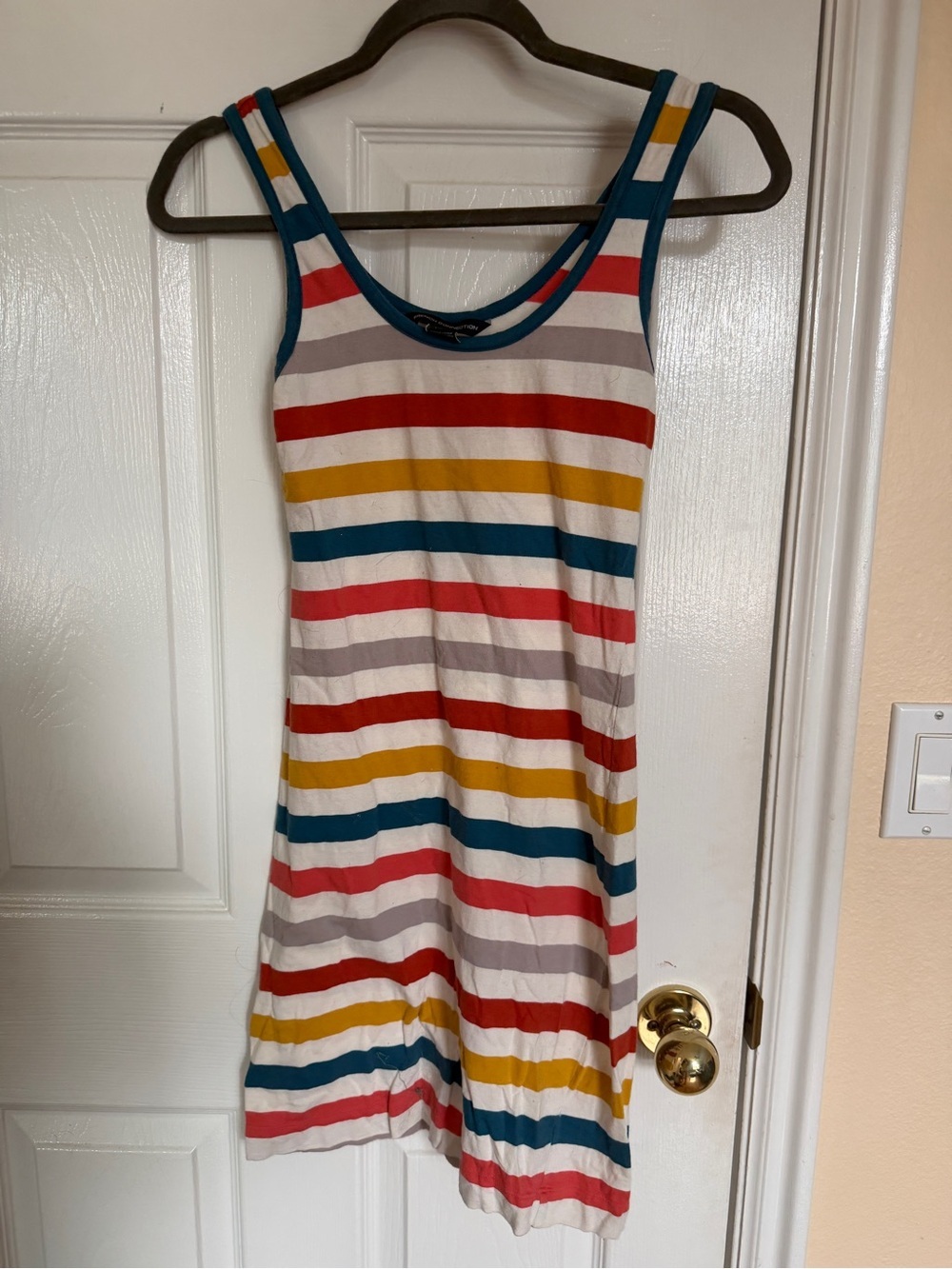 French Connection Striped Tank Dress in Teal, Red, Mustard, Grey, and White